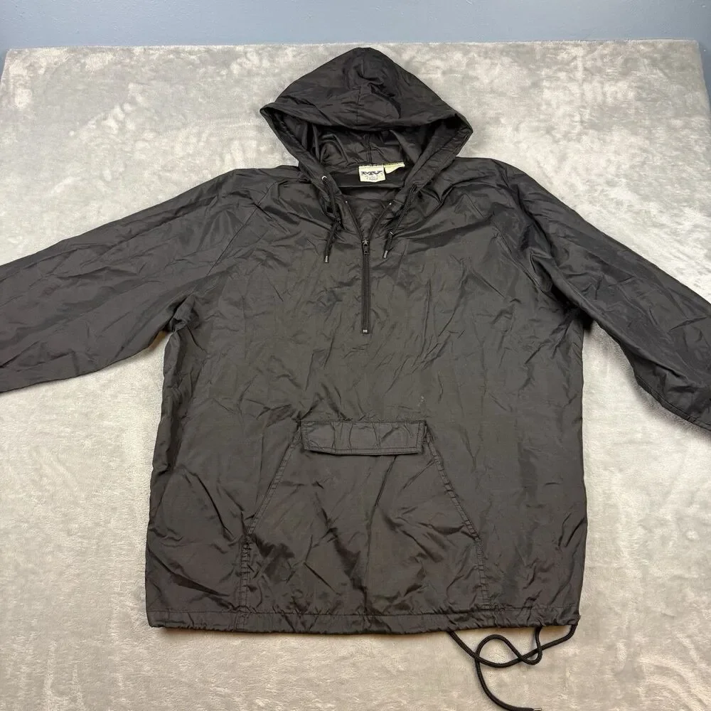 MV Sport Hooded Pullover Windbreaker Jacket Black Nylon Packable Anorak Large